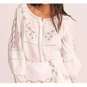 LoveShackFancy Small Lelia Floral Embroidered Floral Cotton Blouse - See Desc